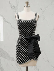 Black Pearl Lattice Short Homecoming Dress with Satin Bow