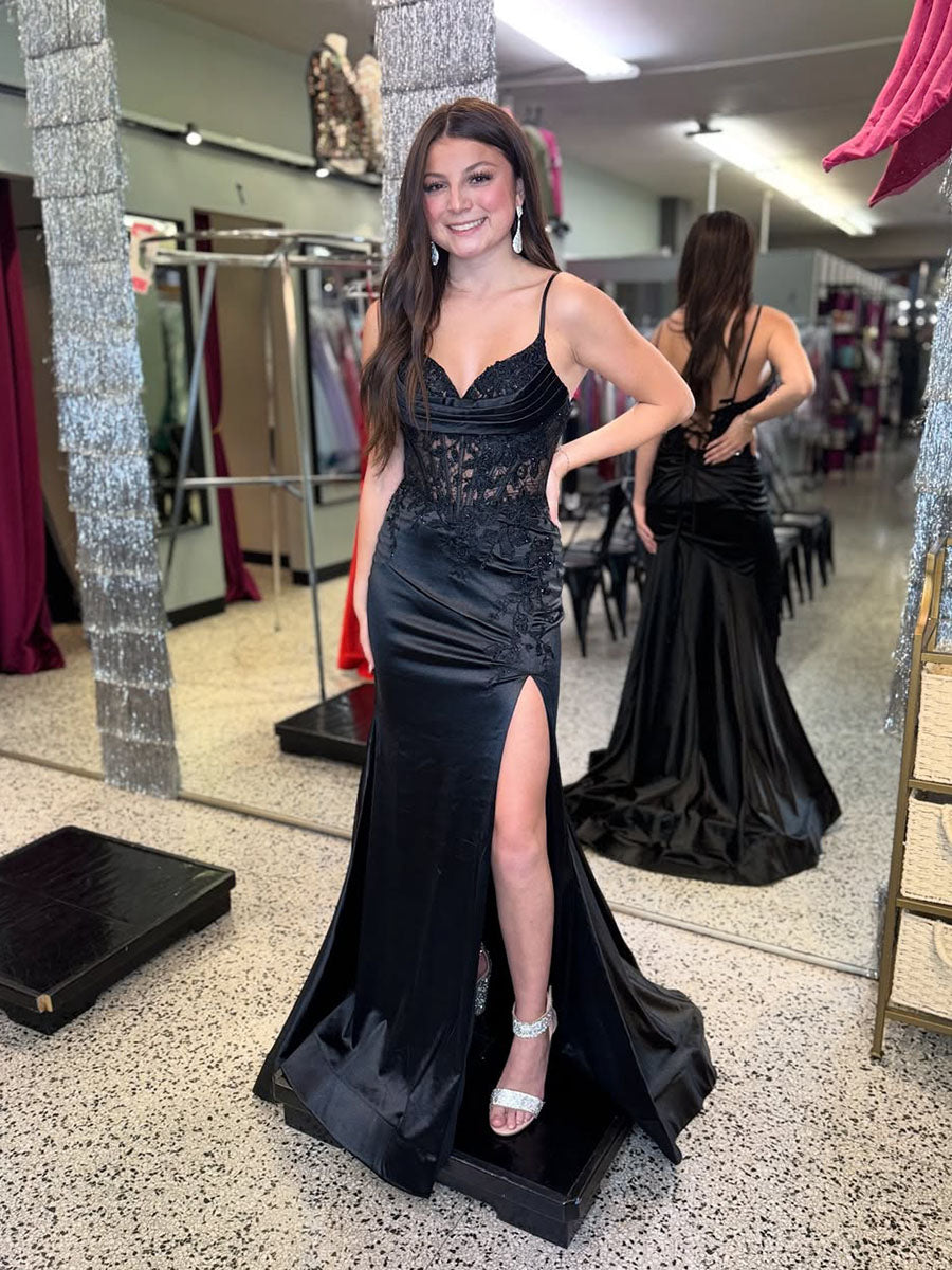 Black Plunging Sweetheart Corset Prom Dress with High Slit