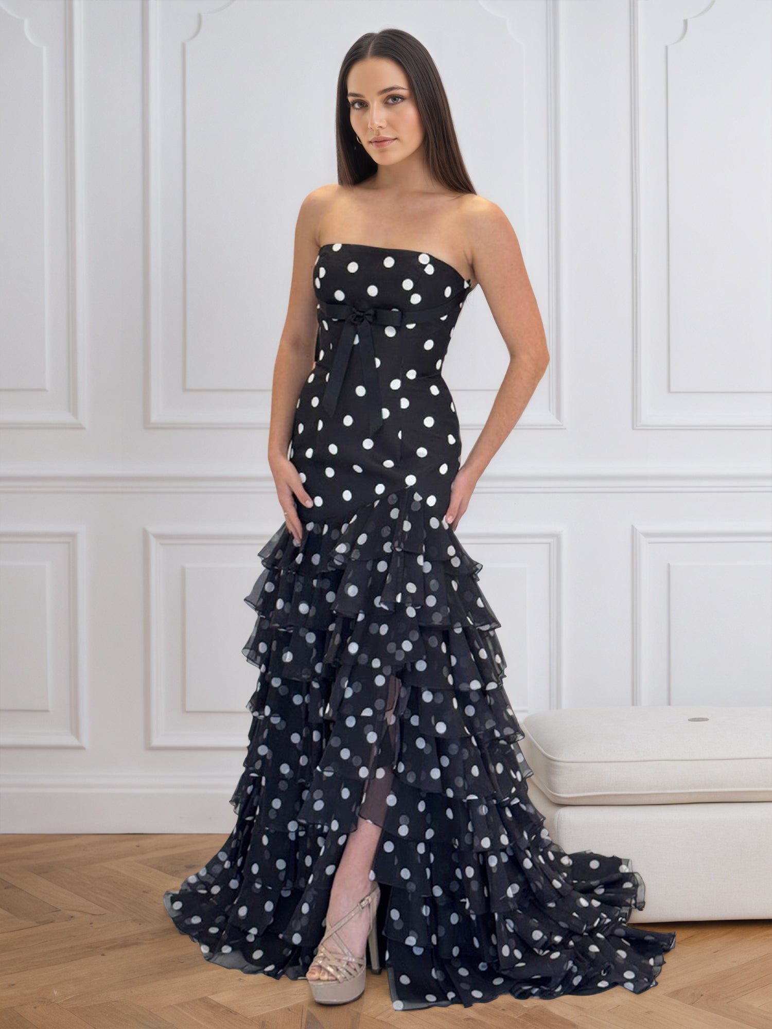 Black Polka Dot StraplessTiered Ruffles Mermaid Prom Dress