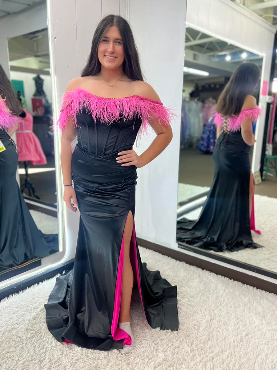 BlackSatinCorsetPromDresswithPinkFeatherOff-ShoulderTrim.jpg