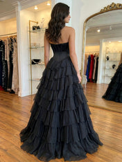 Black Satin Lace Applique Corset Prom Dress with Slit