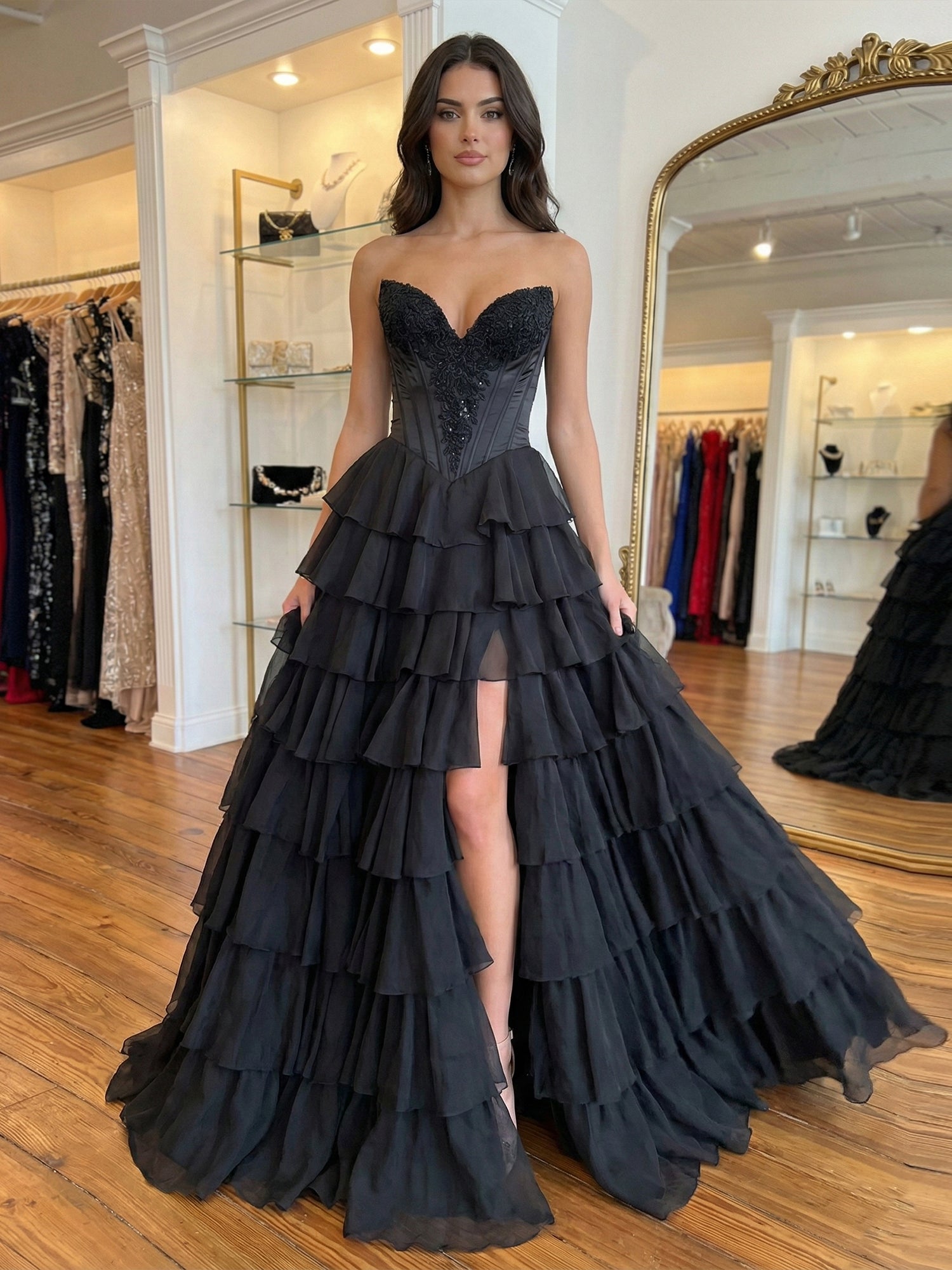 Black Satin Lace Applique Corset Prom Dress with Slit
