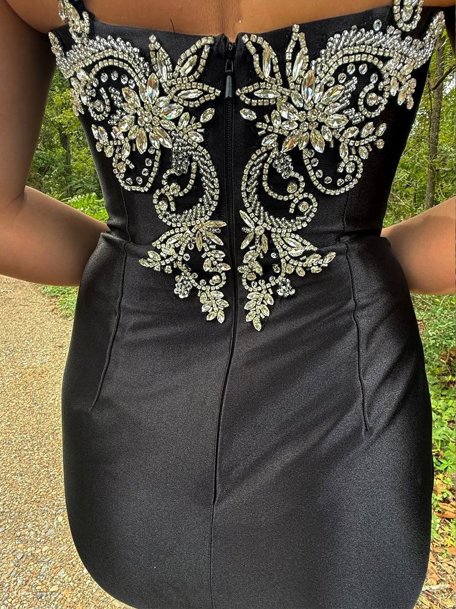 Satin Sheath Crystal Beaded Short Homecoming Dress