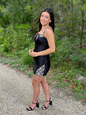 Satin Sheath Crystal Beaded Short Homecoming Dress