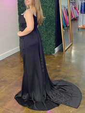 Black Satin Crystal Straps Ruched Prom Dress with Slit