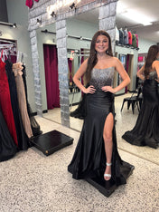 Black Satin Strapless Crystal Beaded Corset Prom Dress with High Slit