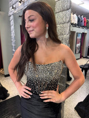 Black Satin Strapless Crystal Beaded Corset Prom Dress with High Slit