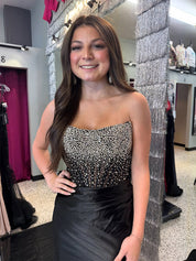 Black Satin Strapless Crystal Beaded Corset Prom Dress with High Slit