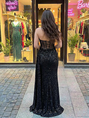 Black Sequin Corset Draped Long Prom Dress with Slit