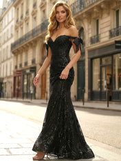 Black Sequin Sweetheart Mermaid Prom Dress with Romantic Bow Accents