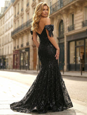 Black Sequin Sweetheart Mermaid Prom Dress with Romantic Bow Accents