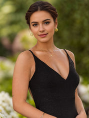 Black Shimmer Spaghetti Strap Prom Dress with Ruched Waist