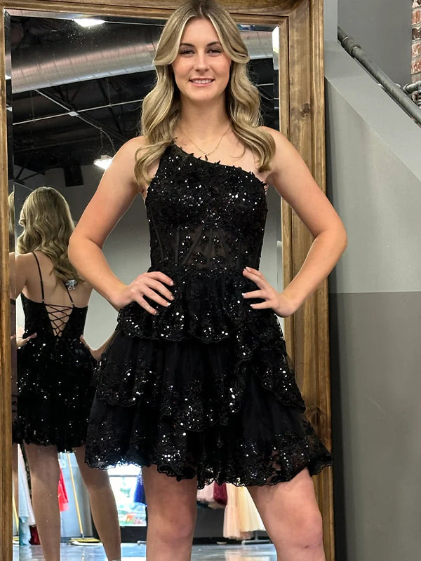 Black A-Line One Shoulder Homecoming Dress With Appliques