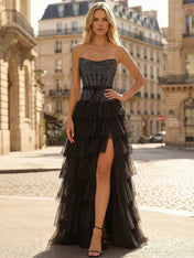 Black Strapless A Line Ruffled Tiers Corset Prom Dress with Slit