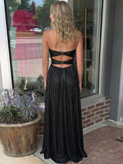 Black Strapless Pleated Cutout Long Prom Dress with Slit