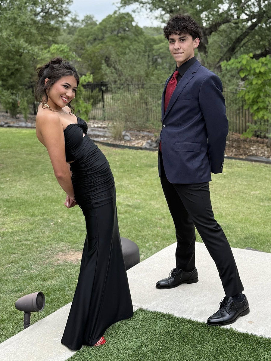 Black Strapless Ruched Cutout Prom Dress