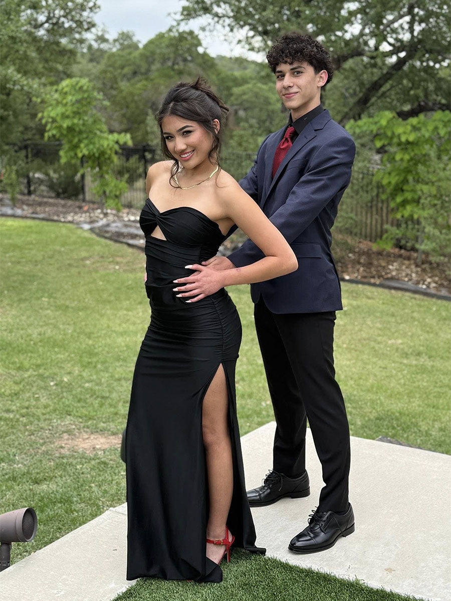 Black Strapless Ruched Cutout Prom Dress