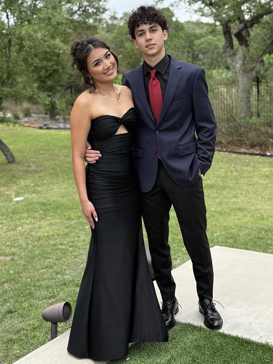 Black Strapless Ruched Cutout Prom Dress