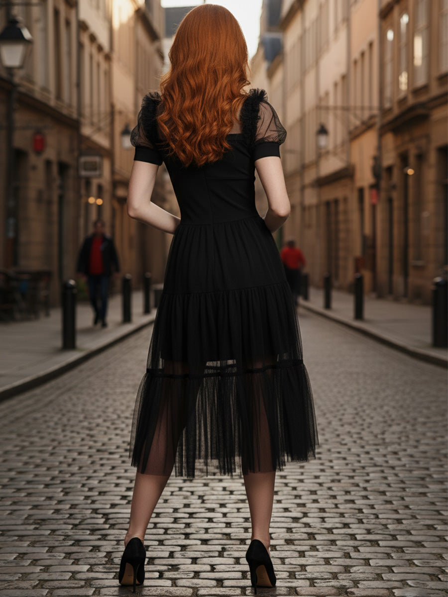 Black Tulle A Line Collar Neck Midi Cocktail Party Dress Cosplay Costume