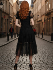 Black Tulle A Line Collar Neck Midi Cocktail Party Dress Cosplay Costume