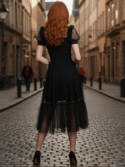 Black Tulle A Line Collar Neck Midi Cocktail Party Dress Cosplay Costume