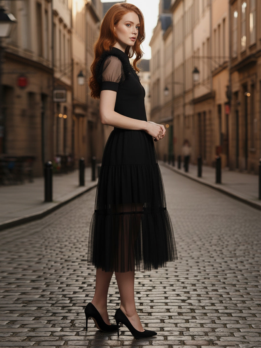 Black Tulle A Line Collar Neck Midi Cocktail Party Dress Cosplay Costume