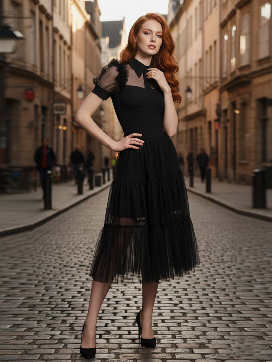 Black Tulle A Line Collar Neck Midi Cocktail Party Dress Cosplay Costume