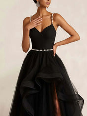 Black Tulle Ruffled A Line Long Formal Dress with Slit