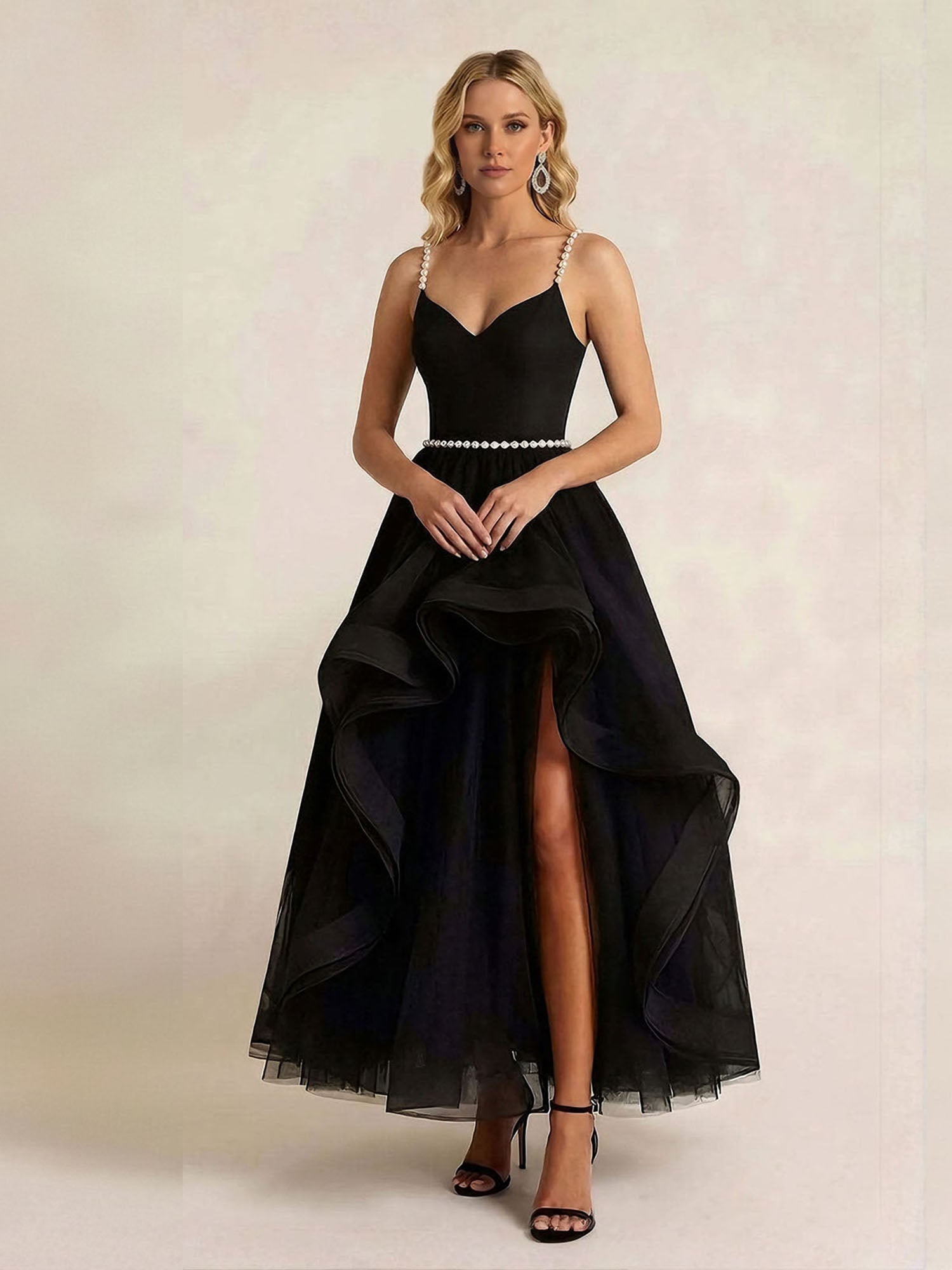 Black Tulle Ruffled A Line Long Formal Dress with Slit