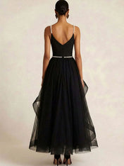 Black Tulle Ruffled A Line Long Formal Dress with Slit