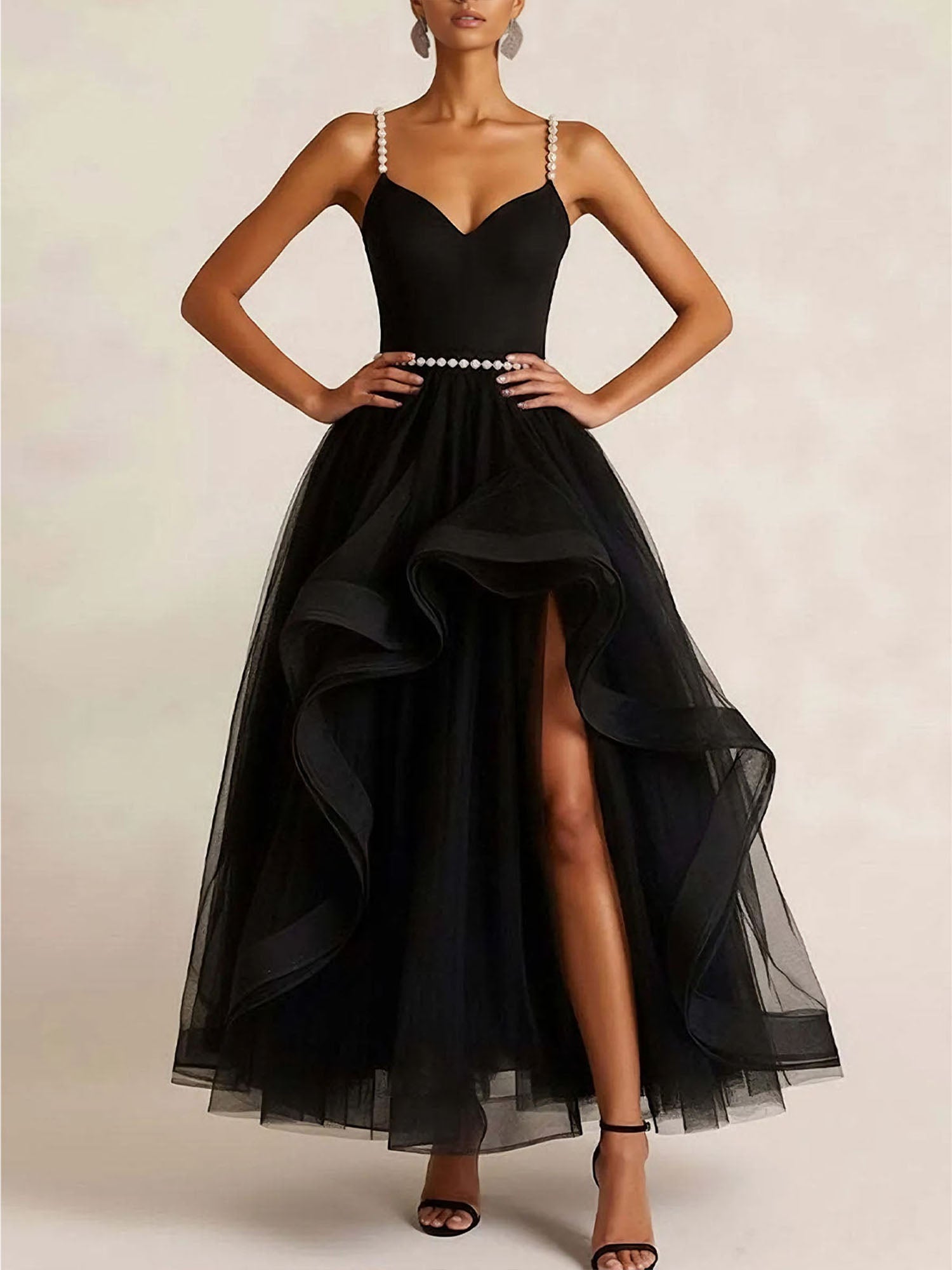 Black Tulle Ruffled A Line Long Formal Dress with Slit
