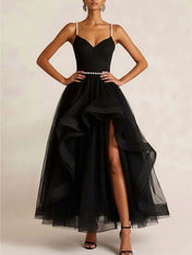 Black Tulle Ruffled A Line Long Formal Dress with Slit