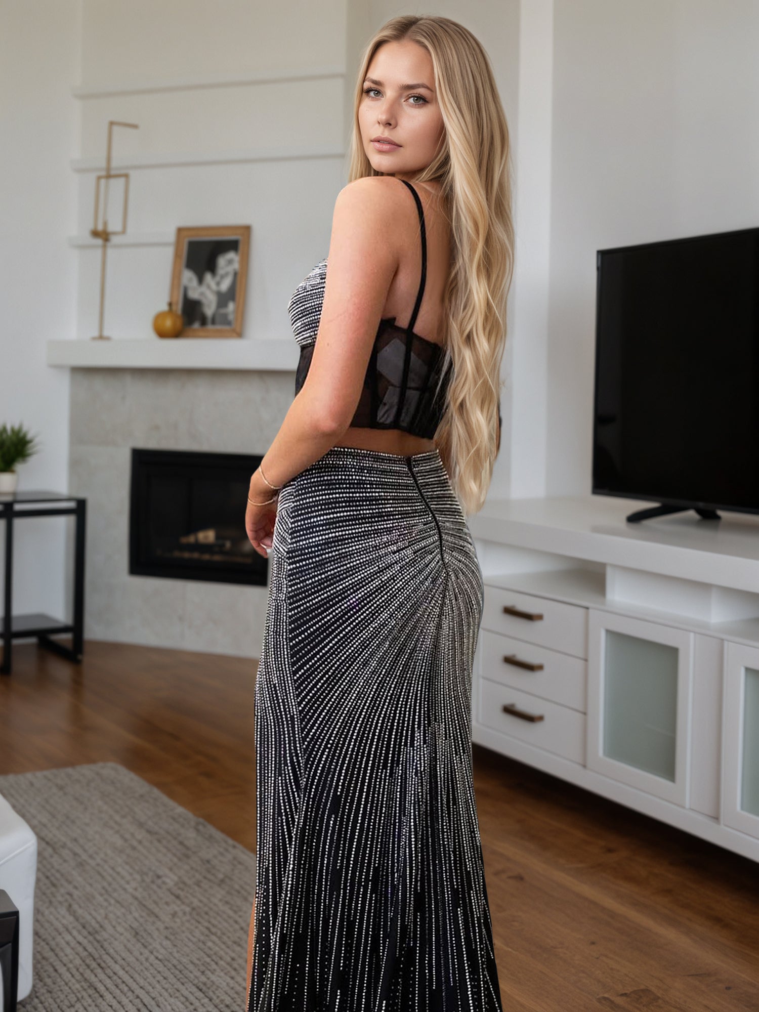 Black Two-Piece Rhinestone Sheer Corset Top Prom Dress with High Slit