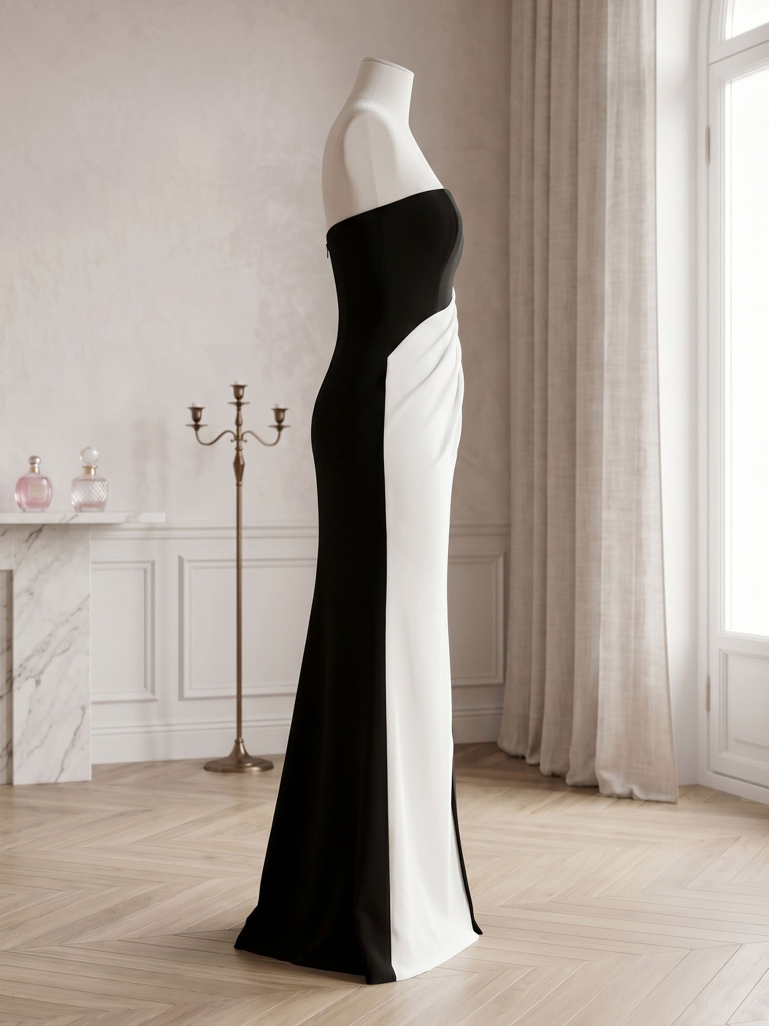BlackWhiteSheathStraplessElegantMaxiFormalDress_1.jpg