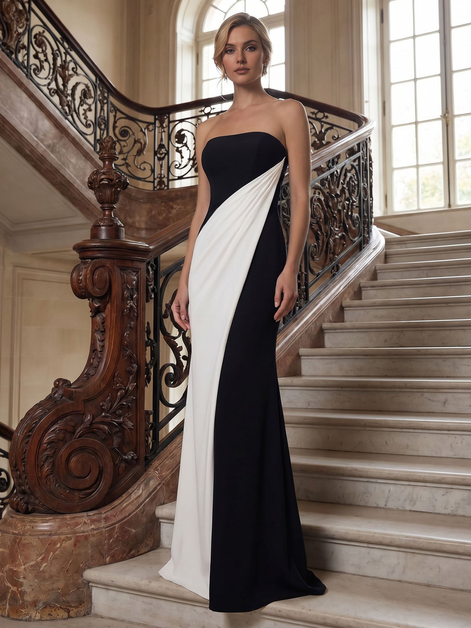 BlackWhiteSheathStraplessElegantMaxiFormalDress_2.jpg