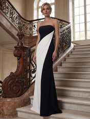Black White Sheath Strapless Elegant Maxi Formal Dress