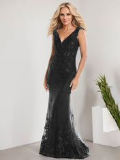 A-line V-Neck Floor-Length Lace Chiffon Mother of the Bride Dress With Applique Sequins Mermaid Dresses