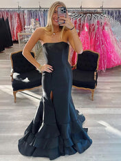 Black Mermaid Strapless Satin Tiered Prom Dress with Slit