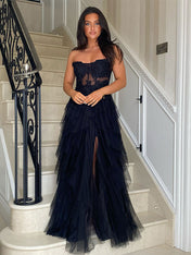 Black A-Line Strapless Tulle Tiered Long Prom Dress with Appliques