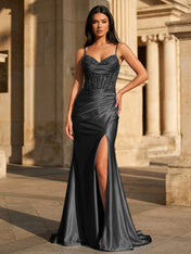 Sky Blue Satin Corset Long Prom Dress with Draped Neckline