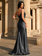 Sky Blue Satin Corset Long Prom Dress with Draped Neckline