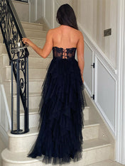 Black A-Line Strapless Tulle Tiered Long Prom Dress with Appliques