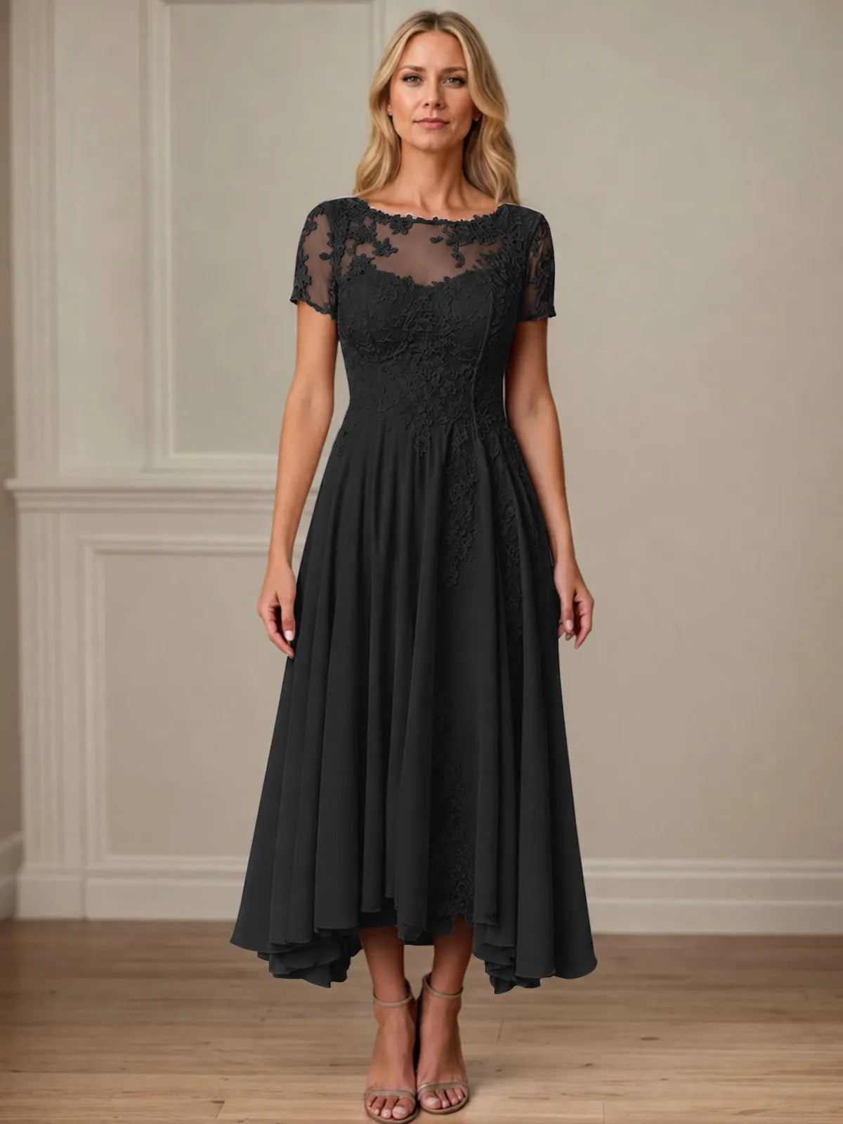 A Line Scoop Neck Short Sleeve Chiffon Mother of the Bride Dress