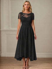 A Line Scoop Neck Short Sleeve Chiffon Mother of the Bride Dress