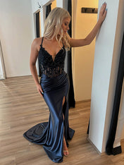 Black Mermaid Satin Spaghetti Straps Long Prom Dress with Appliques