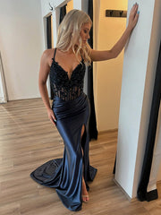 Black Mermaid Satin Spaghetti Straps Long Prom Dress with Appliques