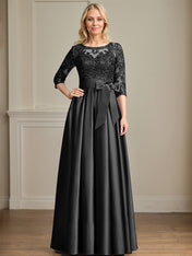 A-line Scoop Illusion Floor-Length Satin Lace Mother of the Bride Dress With Sequins Bow