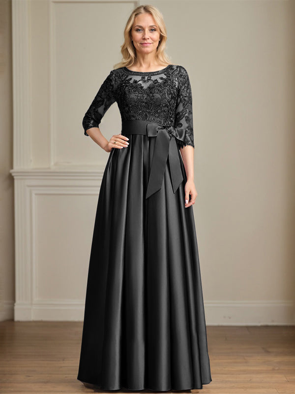 A-line Scoop Illusion Floor-Length Satin Lace Mother of the Bride Dress With Sequins Bow