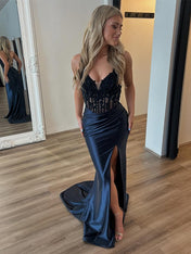 Black Mermaid Satin Spaghetti Straps Long Prom Dress with Appliques