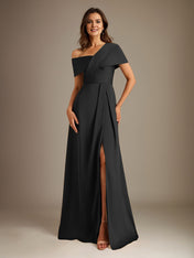 A-Line Asymmetrical Neckline Floor-Length Satin Mother of the Bride Dress With Pleated